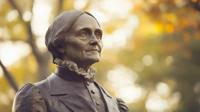 Susan B Anthony Day. Timeless bronze monument amidst tranquil autumn glow and gentle breeze