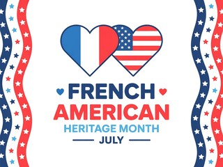 French american heritage month design with heart shaped flags and patriotic star borders on white