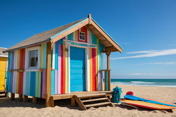 Fototapeta premium Brightly painted beach huts in vibrant colors with a row of colorful surfboards