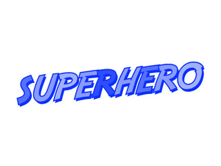 Blue superhero comic text with dynamic retro pop art style.