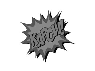 Grayscale comic style KAPOW text in dynamic explosive burst.