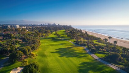 The golf course at Del Mar, California, overlooks the ocean on hole number one, with a bright blue sky.