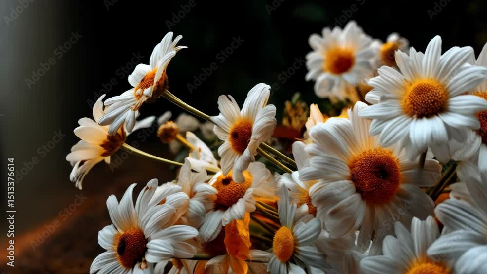 Poster close-up shot of a bunch of white daisy flowers with golden cores arranged in front of a dark backgr