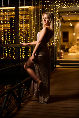 Celebratory evening with a glamorous woman in sparkling dress at a venue adorned with fairy lights