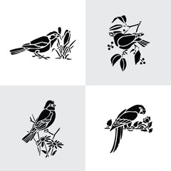 Bird Silhouette Vector Icon Set – Black and White Flying, Perched, and Standing Birds – Animal Clip Art Collection for Nature, Wildlife, Graphic Design, Decoration, and Illustrations