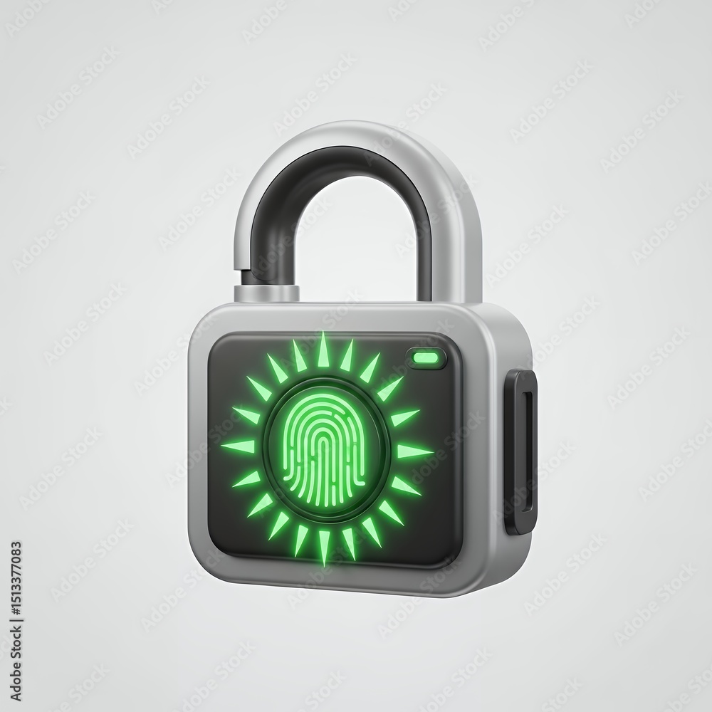 Poster futuristic biometric padlock: 3d render of a sleek fingerprint security lock with green illuminated 