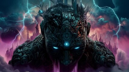 Large humanoid figure towers over a small person in a vibrant and surreal landscape filled with lightning and mystical structures at twilight - Powered by Adobe