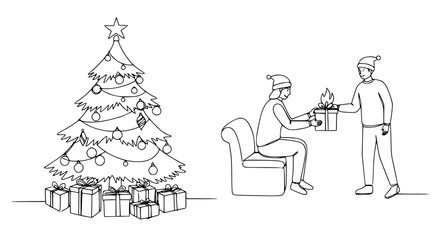 Christmas family silhouette by the tree isolated on transparent background