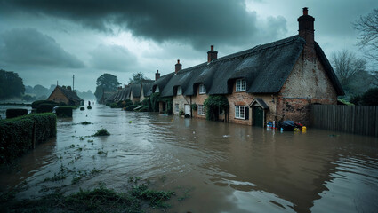 Fototapeta premium Flooded thatched houses under dramatic sky, aftermath of river overflow