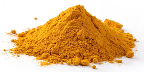 Heap of turmeric powder spice bright yellow-orange color isolated on white background, aromatic cooking ingredient, flavorful culinary seasoning, healthy food nutrition, spice texture close-up