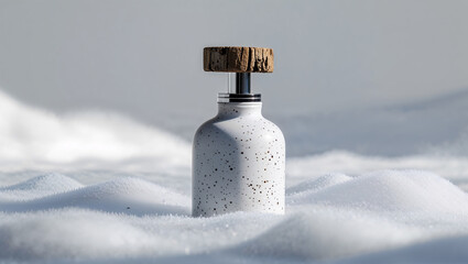White speckled bottle with wooden cap standing in snowdrift