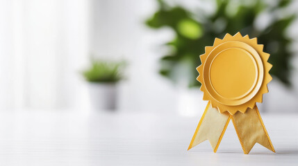 golden award badge with ribbons symbolizes achievement and recognition, set against blurred background of greenery