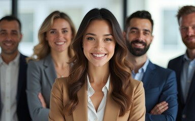 Happy female CEO in front of her business team in office looking at camera. High quality