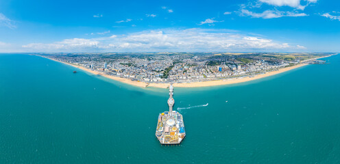 Epic aerial view of Brighton Palace Pier, Brighton, Famous Tourism Location United Kingdom