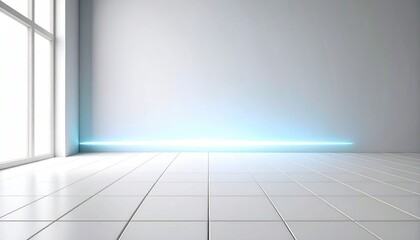 Minimalist Futuristic Room Interior with Cyan Light and White Walls