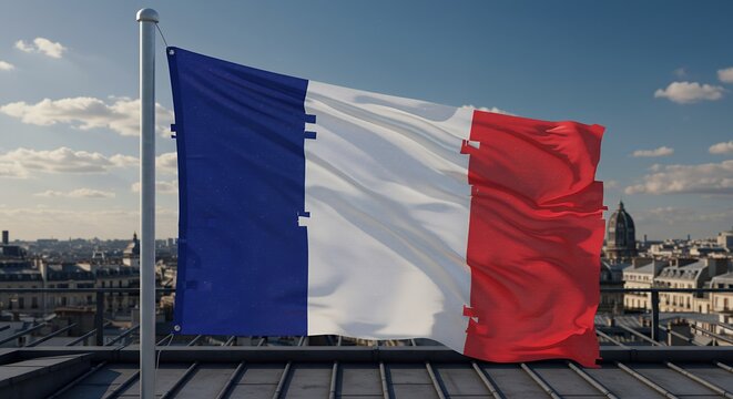 French Flag Waving over Paris Rooftop