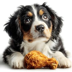 A dog is laying on the ground with a piece of fried chicken in its mouth