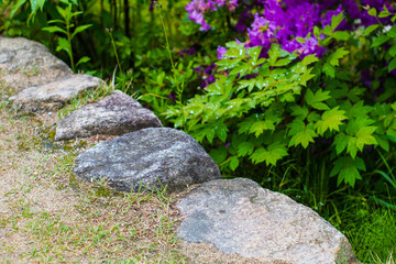 A serene garden path bordered by natural stones with vibrant purple azaleas and lush green foliage in the background, creating a tranquil landscape