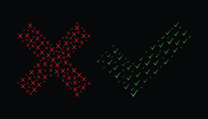 Red cross symbol and a green check mark symbol.
