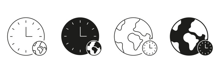 Clock And Globe Line And Solid Icon Set. Global Time Zones And World Clock Symbol Collection. International Timekeeping And Scheduling. Isolated Vector Illustration