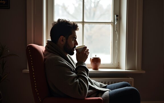 Man wrapped in  blanket drinking tea by window. High quality