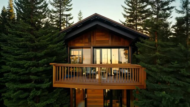 Wooden house in the forest, away from the hustle and bustle of the city. A beautiful wooden house in the forest promises a peaceful retreat, far from the commotion of urban life.