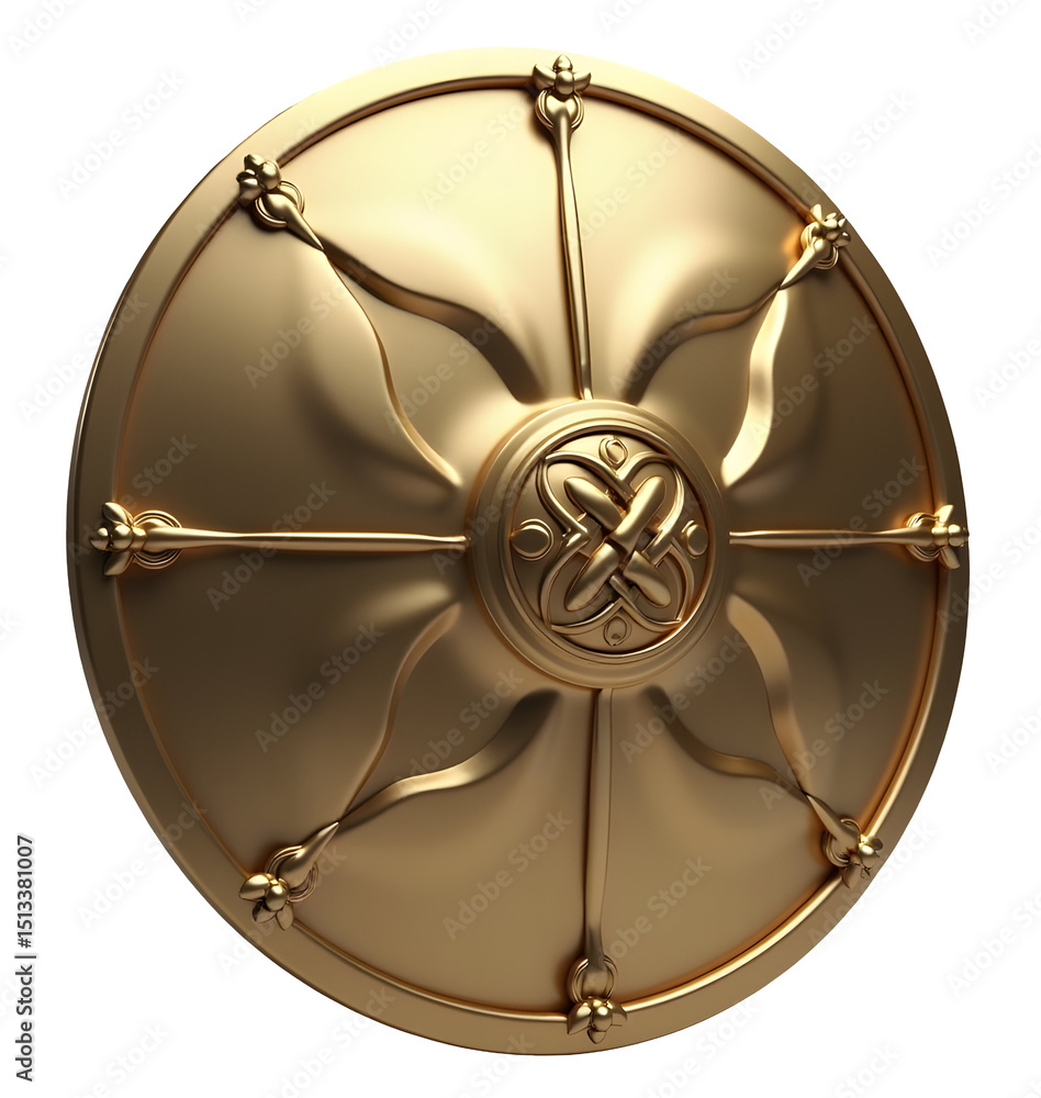 Poster golden round shield with intricate design and smooth surface, shining with warm glow