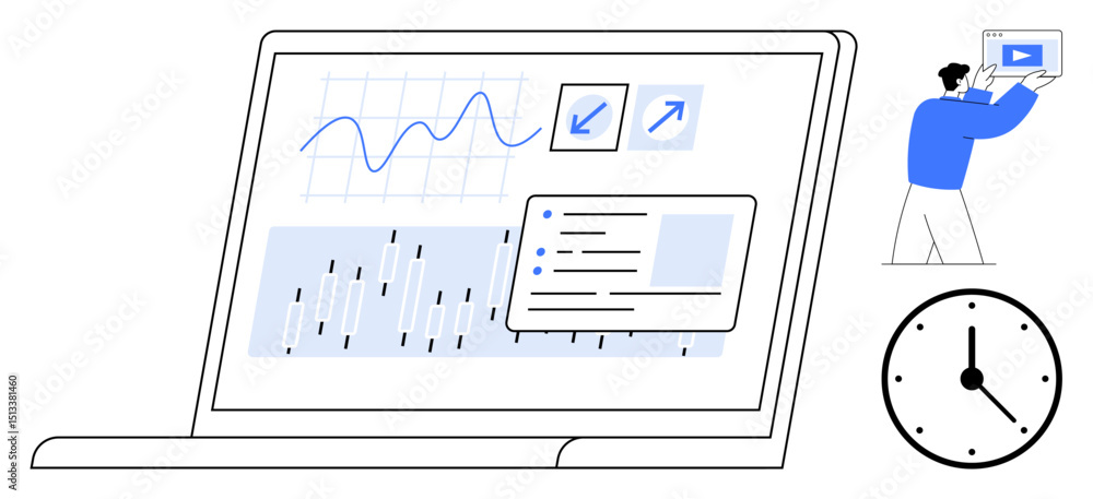 Poster laptop displaying graphs, charts, and interactive interface. man presenting content alongside clock.