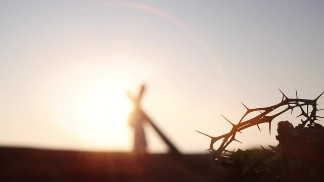 Calvary Golgotha ​​Hill, Jesus Christ carrying the cross, symbol of suffering and salvation, and the crown of thorns, Easter background during Holy Week
