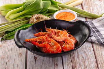 Delicous boiled tiger prawn with sauce