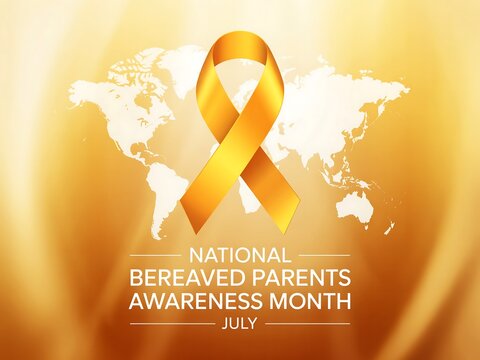 Yellow ribbon for bereaved parents awareness month over a world map in gold background image design