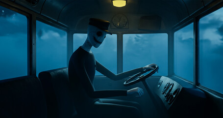 Nightmarish Drive A Creepy 3D Render of a Spectral Bus Driver Navigating a Gloomy, Aquatic Landscape