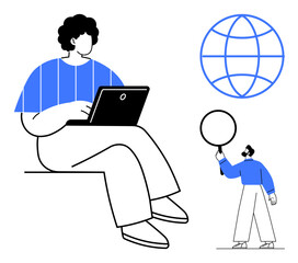 Plakat Person working on laptop and another exploring with magnifying glass beside a globe. Ideal for remote work, global network, internet communication, teamwork, research, learning, simple landing page