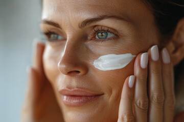 A woman applies a white cream to her cheek, showcasing her clear skin and focused expression in a softly lit environment.