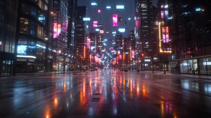 Obraz premium Cyberpunk downtown intersection surrounded by reflective glass towers, each adorned with soft glowing accents, ambient lighting, and flickering sky advertisements 
