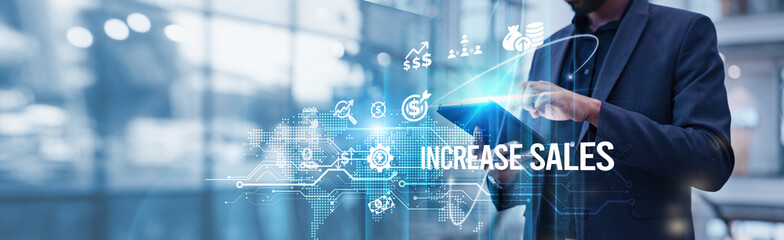 Businessman using tablet analyzing Increase Sales and customer growth, market expansion, revenue optimization, sales strategy development to drive sustainable business growth, maximize profitability.