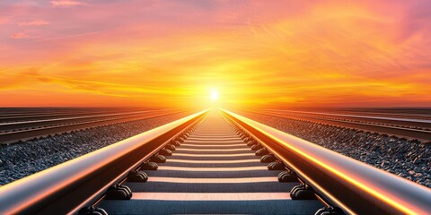 economy consumption trends concept. Railway tracks lead to a vibrant sunset on the horizon, creating a striking visual journey.