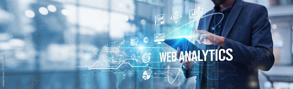 Poster businessman using tablet analyzing web analytics and digital marketing growth, real-time data integr