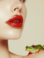 Close-Up of Woman with Red Lips and Green Frog on Shoulder