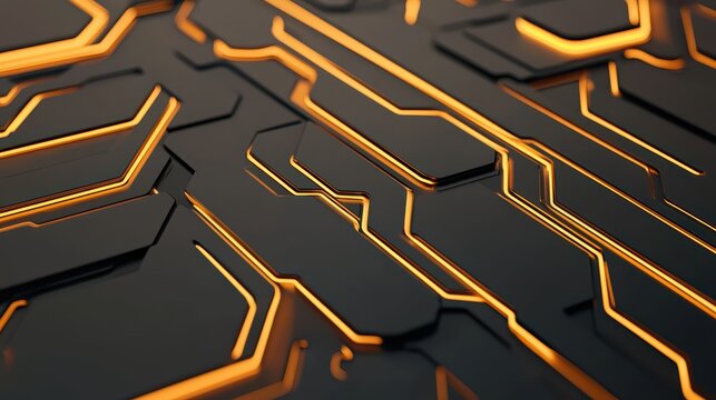 economy consumption trends concept. Abstract circuit design with metallic and glowing elements on a dark background.