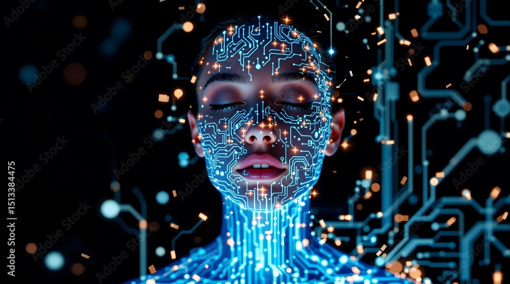 Poster conceptual image of a woman with circuit board pattern on her face depicting ai