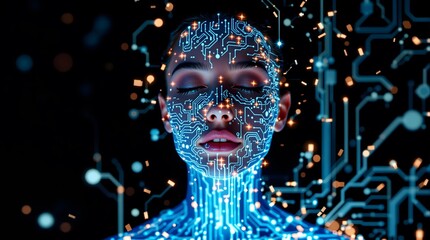 Conceptual image of a woman with circuit board pattern on her face depicting ai
