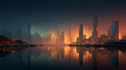 Naklejka premium Reflections of a hyper-modern skyline in a glassy river, with all buildings exhibiting chromatic neon edges and holographic motion visible in each glowing panel 