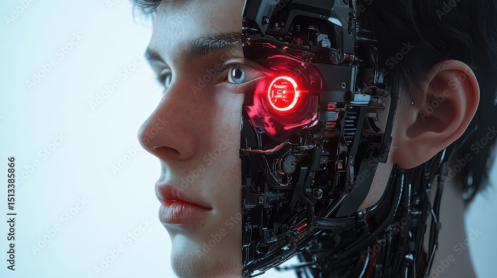 Poster man merging with artificial intelligence, half human, half robot face