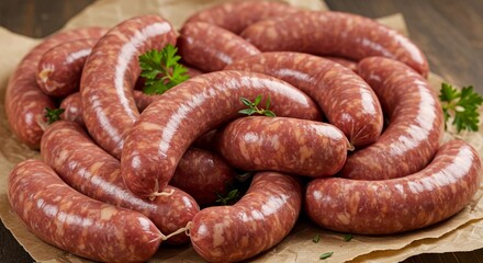 Fototapeta premium Raw sausages arranged on butcher paper with herbs for cooking 