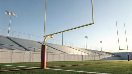 Clean rendering of American football goalpost on green field with empty stadium seats and bright floodlights under clear sky, evoking calm and anticipatory atmosphere