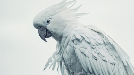 Obraz premium Sulphur-crested cockatoo perched in front of white background featuring detailed plumage and distinctive yellow crest, ideal for bird species identification, wildlife education, and exotic pet illustr
