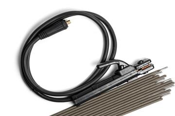 Cable with welding electrode holder and set electrodes on white background. Welding equipment.