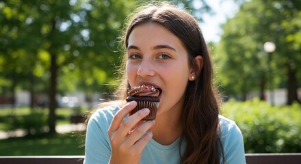 Fototapeta premium Young girl eating chocolate cupcake while sitting in park on sunny day 