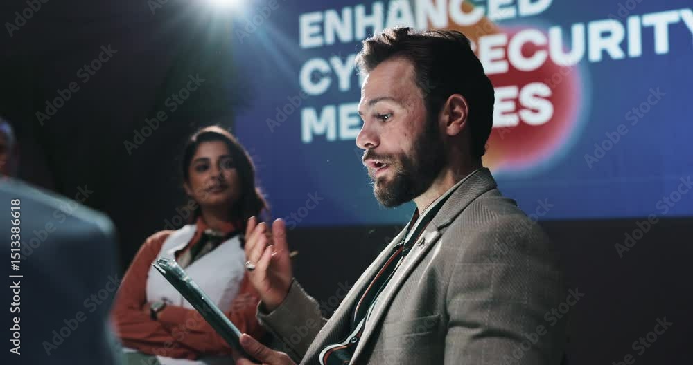 Aufkleber tablet, group and business people in discussion in conference for enhanced cybersecurity measures. s